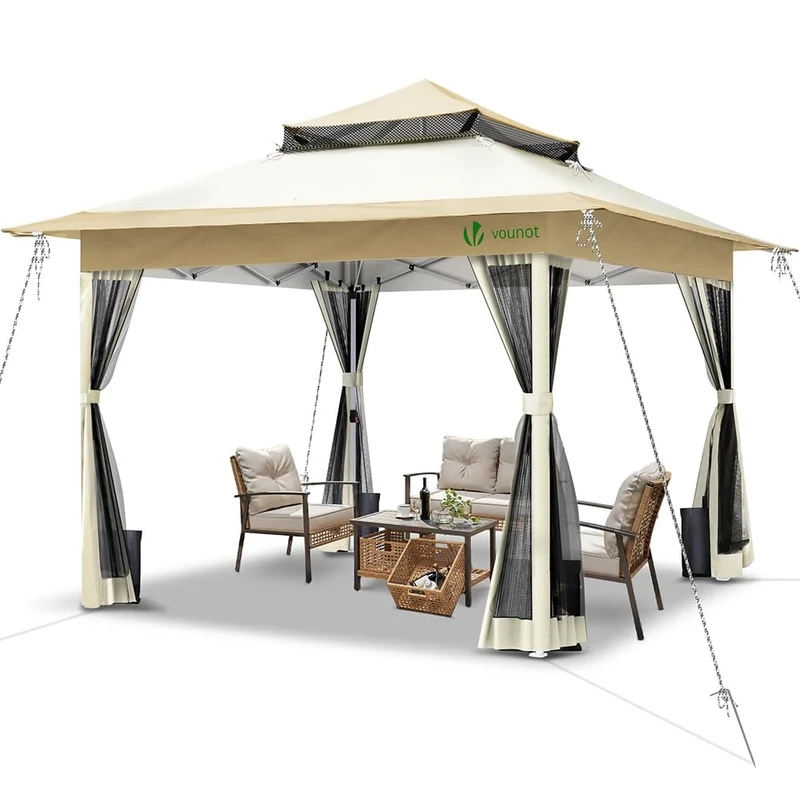 VOUNOT 3.6m x 3.6m Pop Up Gazebo with Central Lock System, Mesh Sides, Garden Double Roof Marquee Party Tent with Leg Weights & Roller Bag, Beige