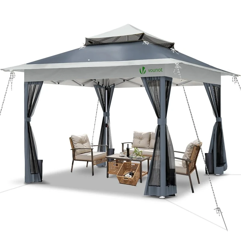 VOUNOT 3.6m x 3.6m Pop Up Gazebo with Central Lock System, Mesh Sides, Garden Double Roof Marquee Party Tent with Leg Weights & Roller Bag, Grey