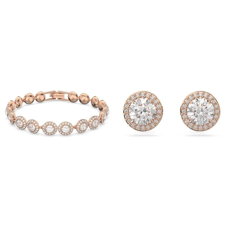 Swarovski Angelic bracelet, Round cut, White, Rose gold-tone plated & Constella Stud Earrings, White Round Cut Crystals in a Rose Gold Tone Plated Setting, from the Constella Collection