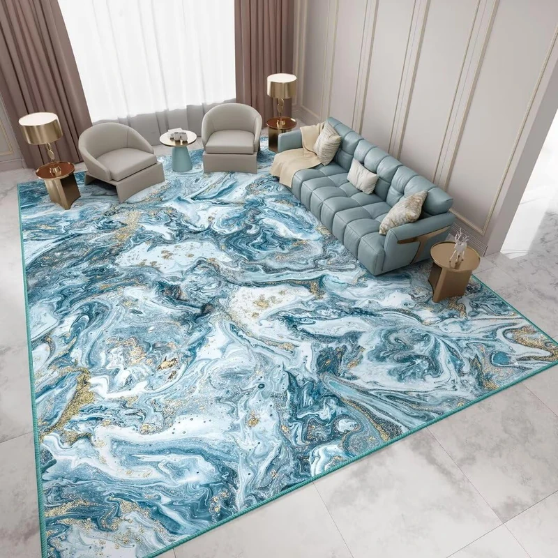 GEMBED Washable Area Rug 5x7 - Artistic Style Modern Rug for Living Room Bedroom Dining Room, Soft Low Pile Machine Washable Carpet, Non Slip Non Shedding Area Rug - Blue/Gold, 5'x7' - Image 1