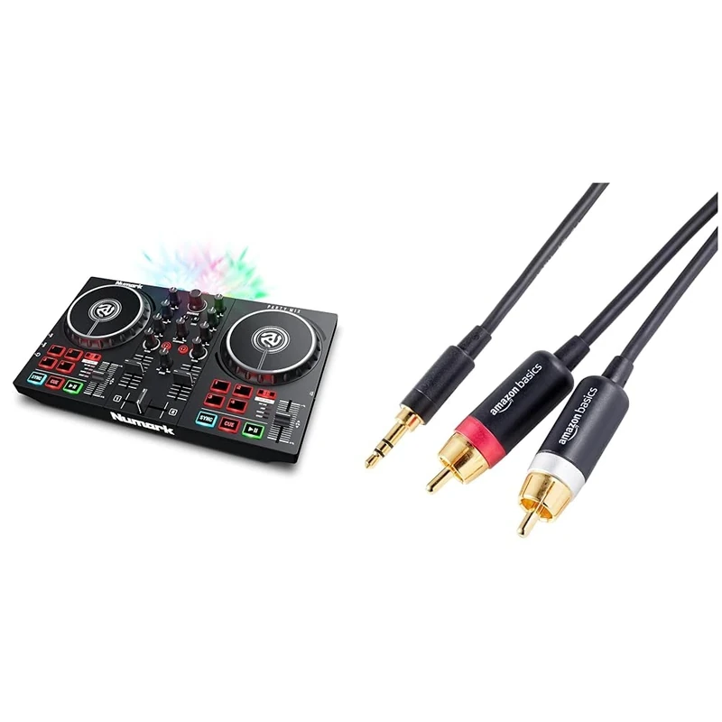 Numark Party Mix II - DJ Controller with Party Lights, DJ Set with 2 Decks & Amazon Basics 3.5mm Aux to 2 RCA Adapter Audio Cable for Stereo Speaker or Subwoofer with Gold-Plated Plugs, 2.4 m