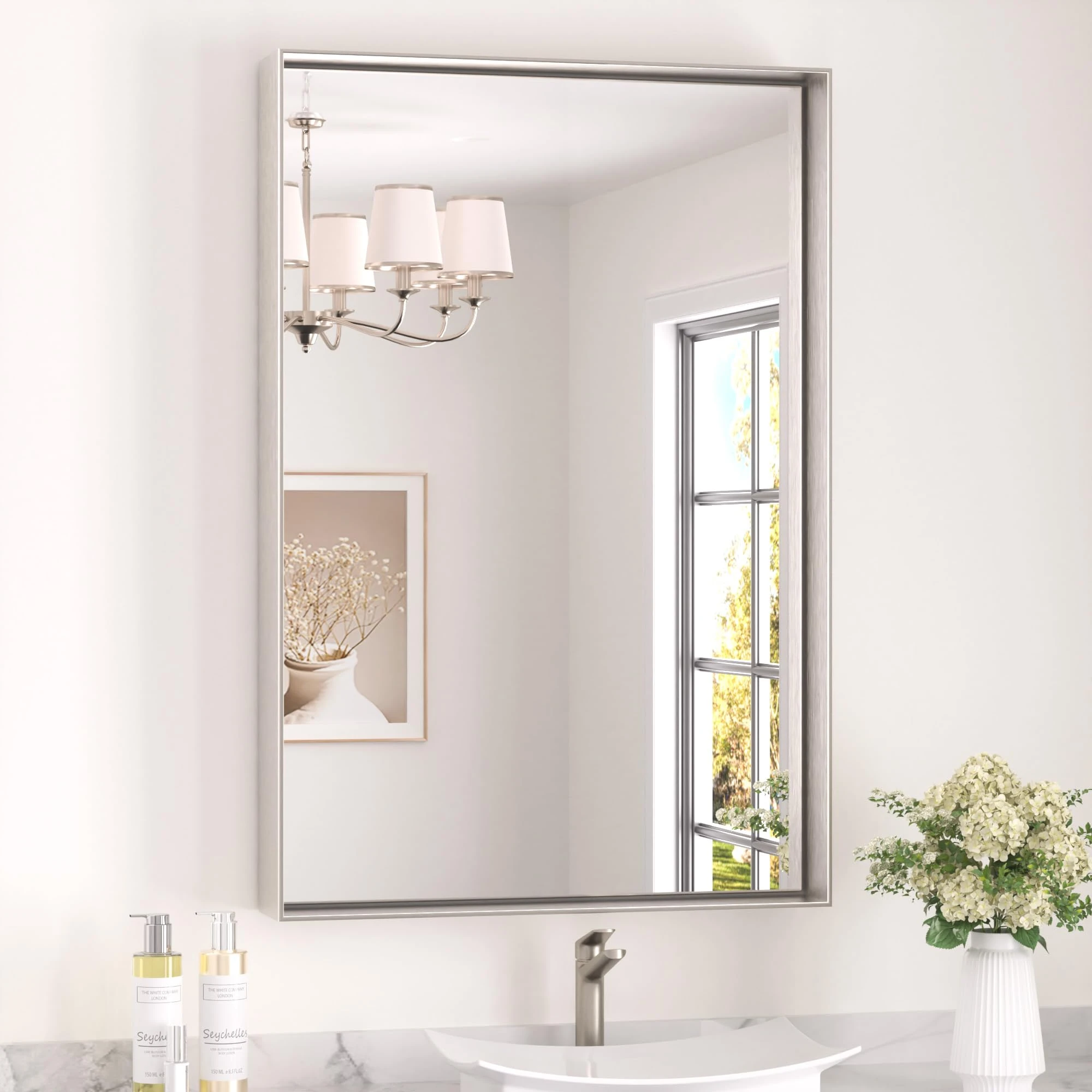 Keonjinn 24 x 36 in Brushed Nickel Bathroom Mirror for Wall, Rectangular Metal Framed Vanity Silver Mirror for Over Sink Square Corner Aluminum Alloy Modern Rectangle Mirror(Horizontal/Vertical)