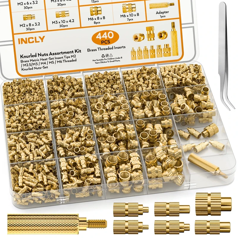 INCLY 440PCS Threaded Heat Inserts Set,M2 M2.5 M3 M4 M5 M6 Female Thread Metric Knurled Nuts Assortment Kit Brass Heat Inserts Set for Plastic and 3D Printing Components
