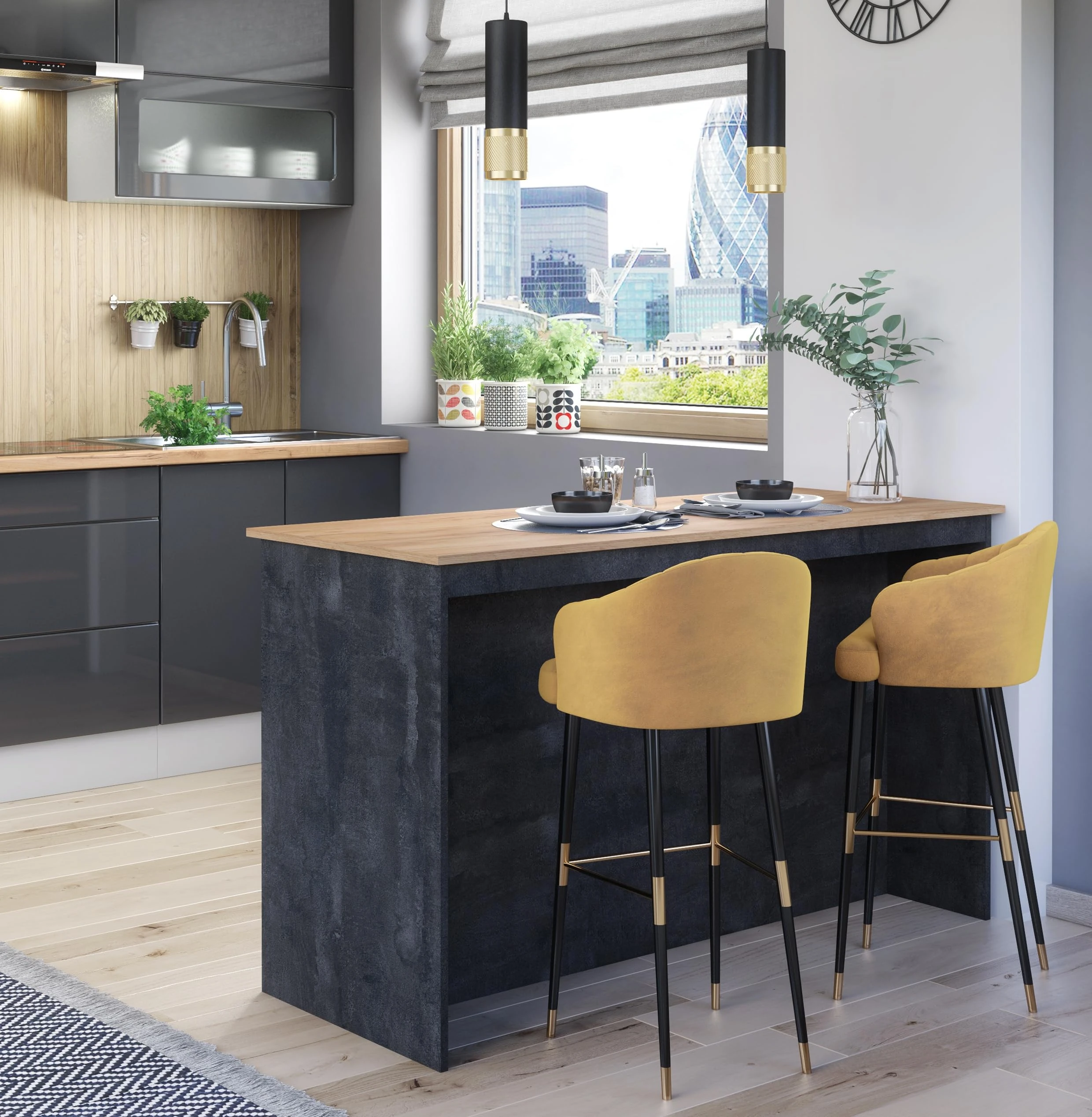 Furneo Kitchen Island 04 – Modern Kitchen Island with Breakfast Bar and Shelves, Black Concrete & Oak Effect Finish