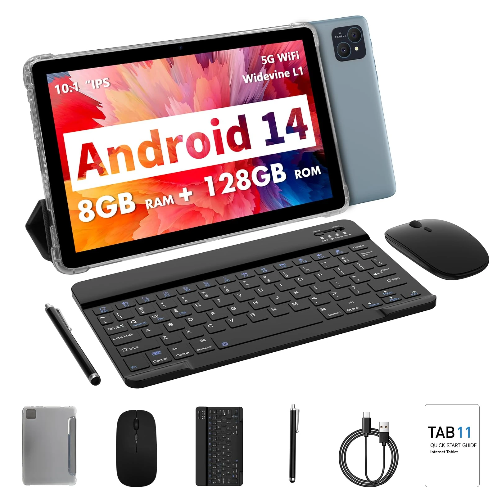 VASOUN 10 inch Tablet Android 14,Octa Core 2.0 GHz,8GB RAM+128GB ROM (TF 1TB),5G WiFi, 8000mAh, 8MP + 2MP Dual Camera,Tablet with Keyboard Mouse Case-GREY