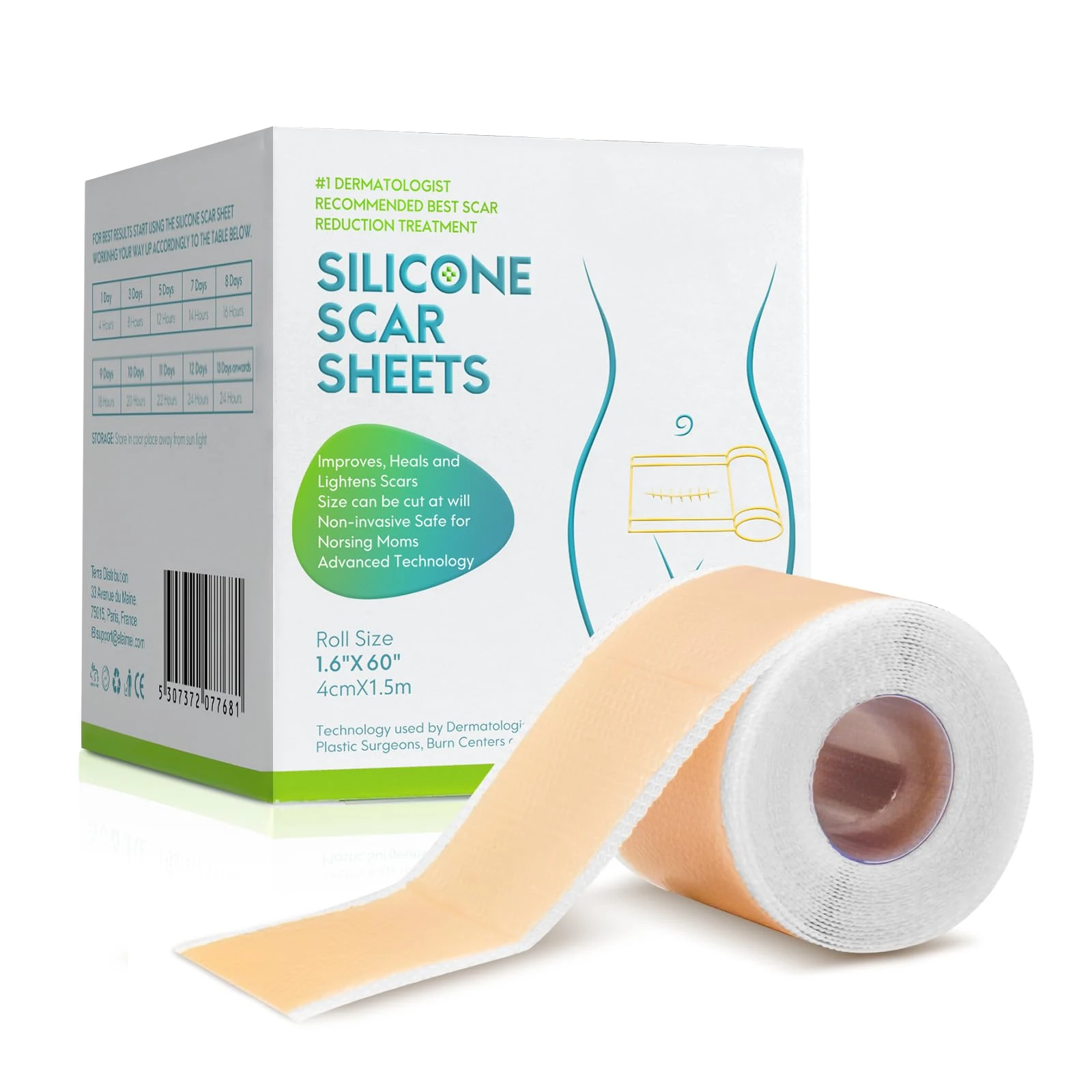 Silicone Scar Sheets, 1.6” x 60”Roll-1.5M, Scar Treatment Sheets, Silicone Scar Tape, Reusable, Thin, Flexible, Easy-Tear, for Old & New Scars, C-Section Surgery Scar Keloid Burn Acne