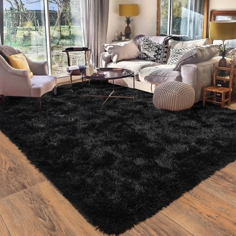 Quntue Large Rugs for Living Room 9x12, Soft Shaggy Modern Shag Area Rug for Bedroom, Upgrade Non-Slip Plush Fluffy Carpet for Kids Boys Girls Room Home Decor Aesthetic, Black