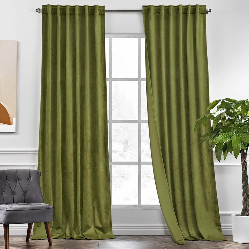 KGORGE Velvet Curtains Olive Green Blackout 96 inches 2 Panels for Bedroom