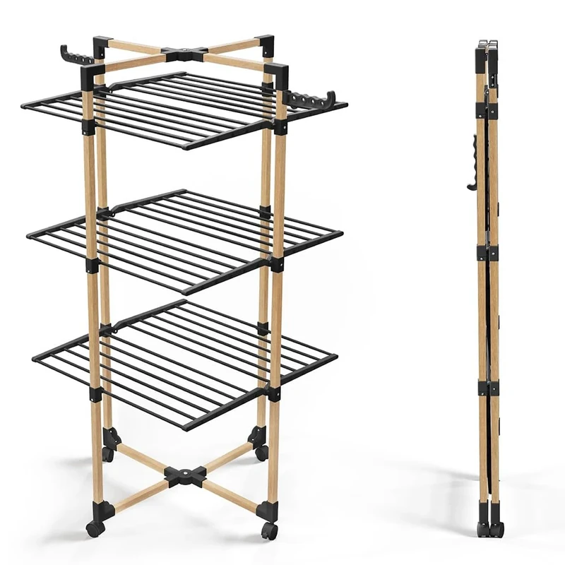 VOUNOT® 3-Tier Folding Tower Clothes Airer Large Capacity 25m Drying Rack with 4 Wheels 2 Side Wings for Indoor and Outdoor Use Black