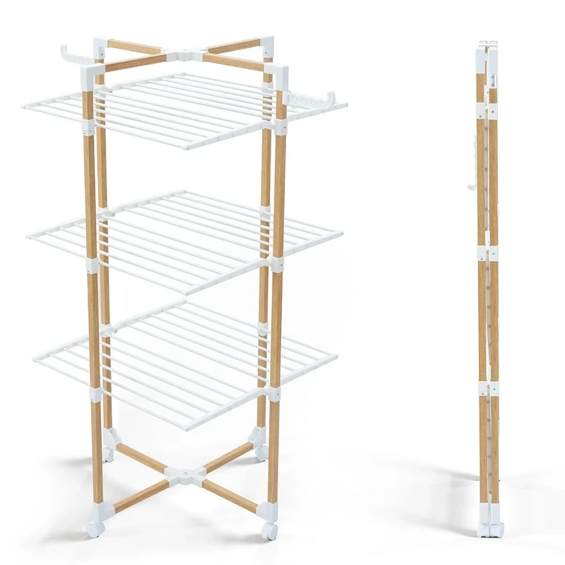 VOUNOT® 3-Tier Folding Tower Clothes Airer Large Capacity 25m Drying Rack with 4 Wheels 2 Side Wings for Indoor and Outdoor Use White