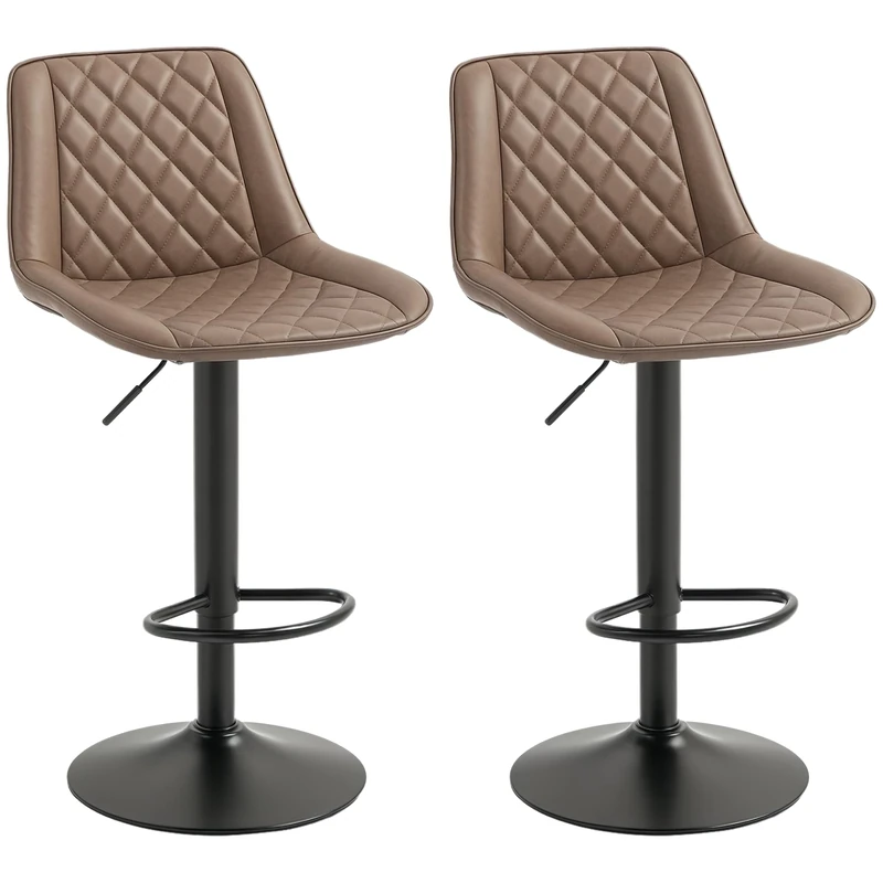 HOMCOM Bar Stools Set of 2, Retro Adjustable Kitchen Stool, Swivel PU Leather Upholstered Bar Chairs with Back, Footrest and Steel Base, Brown