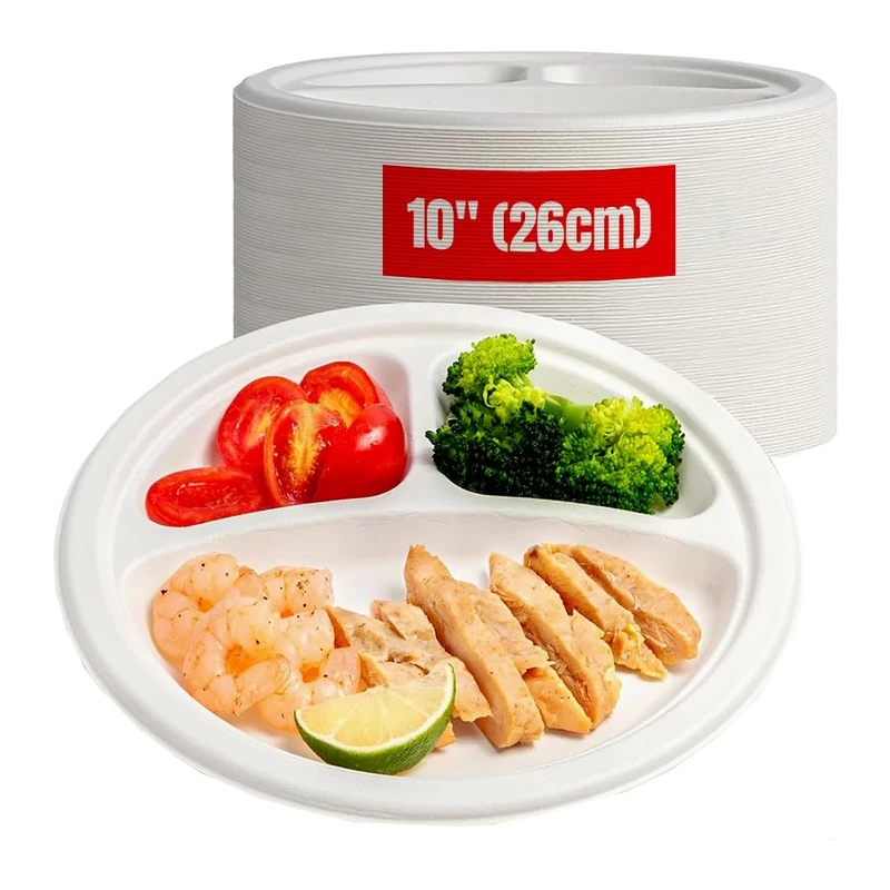 Tezraftaar® 500 x Bagasse Compartment Plates 10" (26cm) White Biodegradable 3 Section Plates for Picnic Traveling Catering Camping Parties Supply