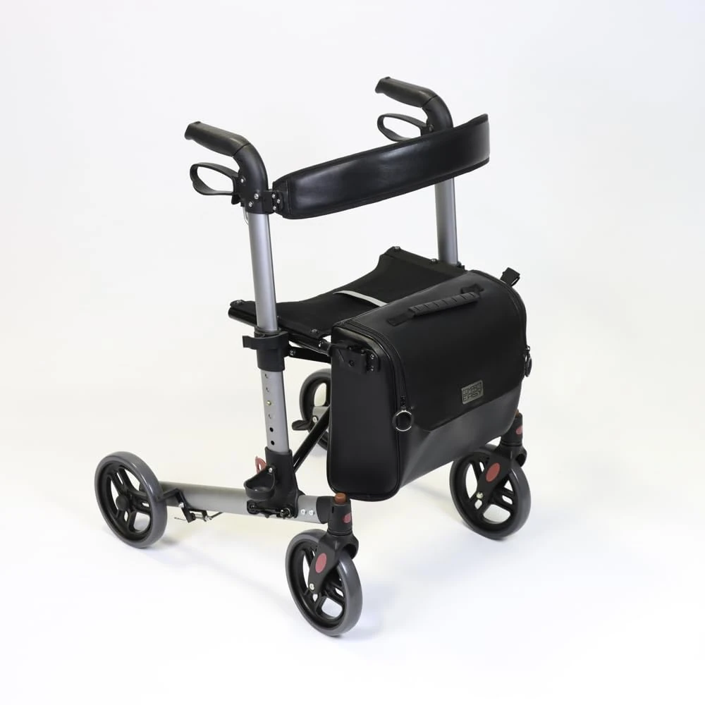 NRS Compact Easy Plus Rollator Folding Walking Aid with Seat & Lockable Brakes, Modern Wheeled Walker, Height Adjustable with Bag - Silver
