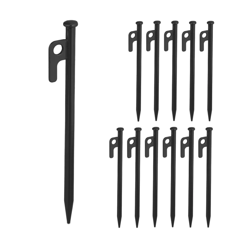 Relaxdays Tent Pegs Set of 12, Ground Anchor for Hard Soil, Camping, Stainless Steel, Rock Hooks, Metal, Durable, Black, Steel, 20 x 3 x 1.5 cm
