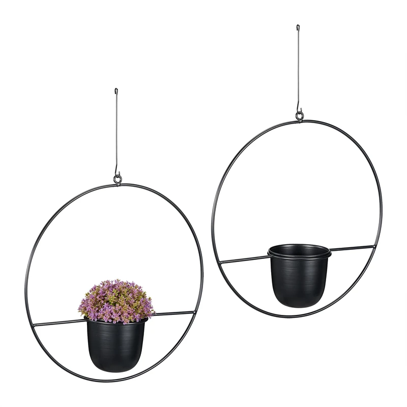 Relaxdays Hanging Basket, Set of 2, Ø 34.5 cm, Metal, Flower Pot, for Indoors & Outdoors, Decorative, Garden, Black, Iron, 66 x 34.5 x 10.5 cm