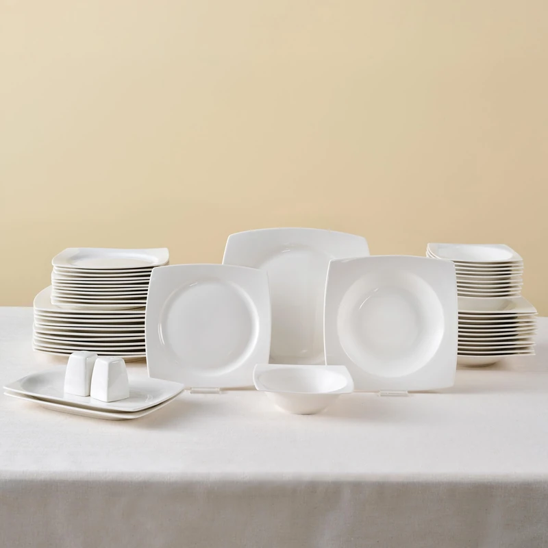 Karaca Jamie 52-Piece Bone China Dinner Set for 12 People, Dinner Platess, Pasta Bowls, Side Plates, Soup Bowls, Plate, White