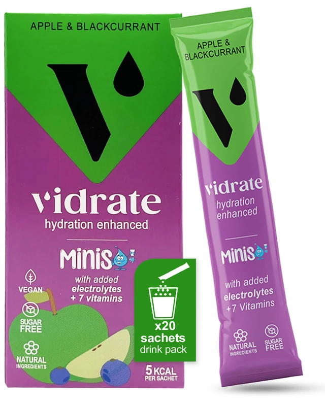 Vidrate Electrolytes Powder Minis - Hydration Sachets with Vitamins & Electrolytes For Kids - Zero Sugar Hydration Powder No Artificial Sweeteners & Preservatives - Apple & Blackcurrant, 20 Sachets