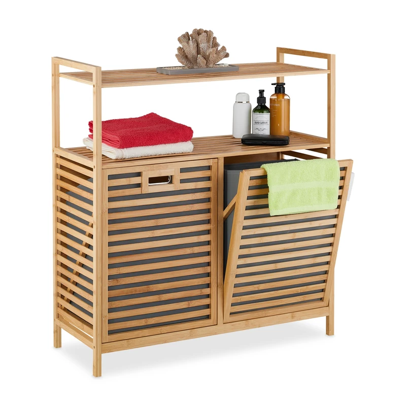 Relaxdays Laundry Basket with Shelves, 2 Tiltable Bins, 40 litres Each, Bamboo, Fabric, HxWxD: 95 x 88 x 33 cm, Natural