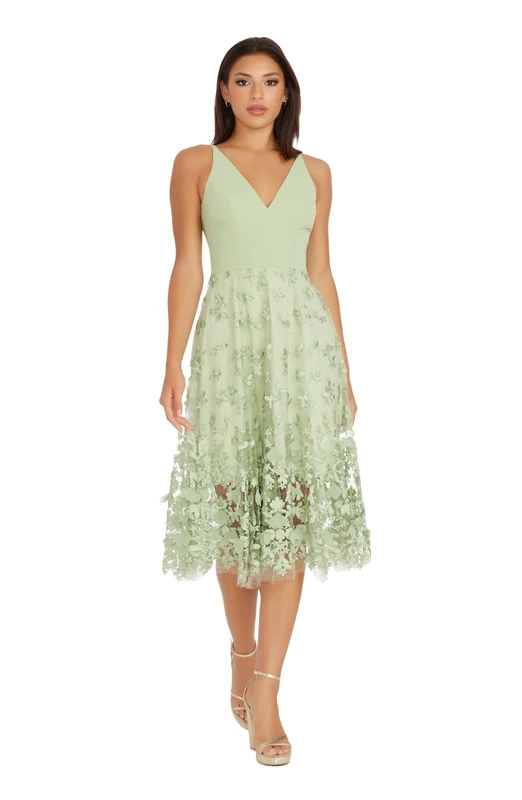 Dress the Population Women's Sleeveless Plunging Neckline Fit and Flare Midi Dress, Sage, L