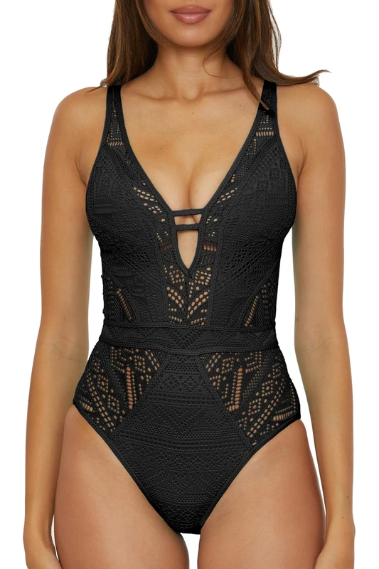 BECCA Women's Color Play One Piece Swimsuit, Plunge Neck, Crochet, Bathing Suits, Black (B), Large