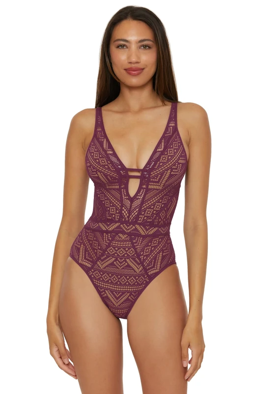 BECCA Women's Color Play One Piece Swimsuit, Plunge Neck, Crochet, Bathing Suits, Aubergine, Medium