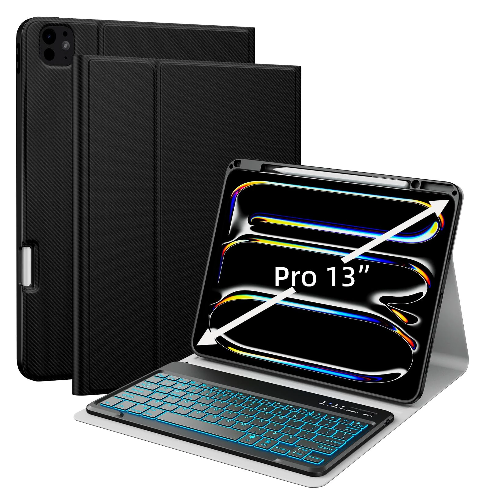 JUQITECH iPad Pro 13 Inch Case with Keyboard M5 2025 M4 2024 Keyboard Case, 7Colors Backlit Bluetooth Removable Keyboard Soft Protective Folio Tablet Case Built-in Apple Pencil Pro Holder, Black