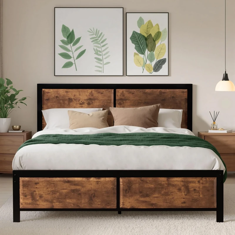 VECELO Double Platform Bed Frame with Rustic Vintage Wood Headboard, Mattress Foundation, Strong Metal Slats Support, No Box Spring Needed