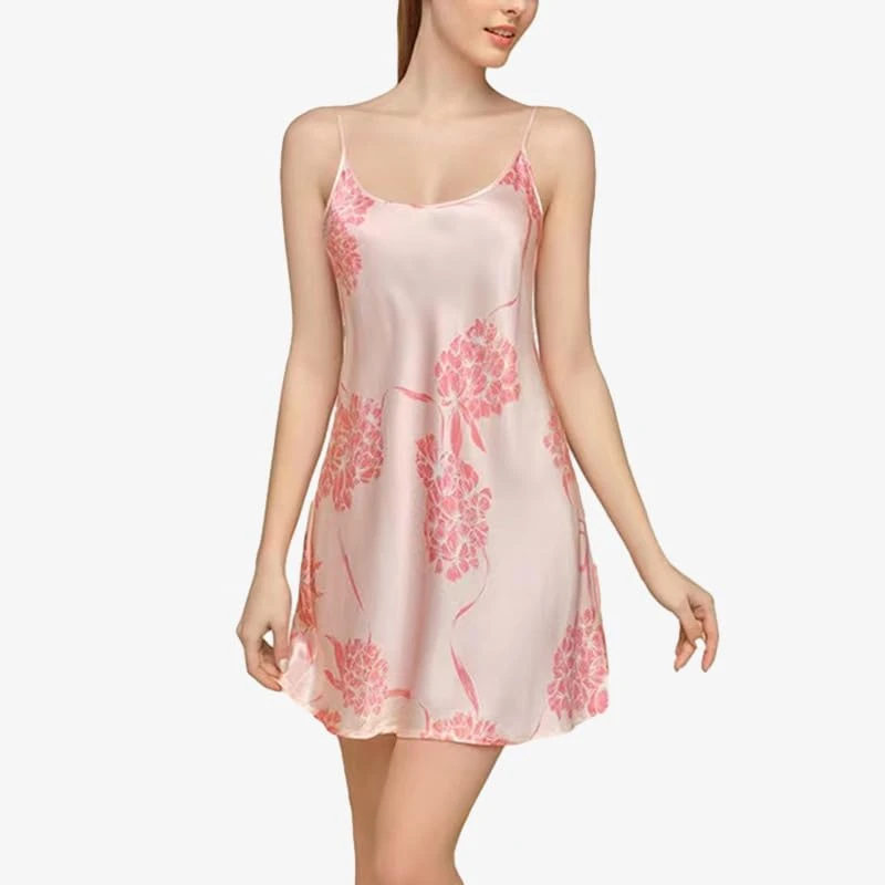 Silk pajamas Women's printed suspender dress Thin home clothing Pajamas Women's pajamas Home casual dress Pink