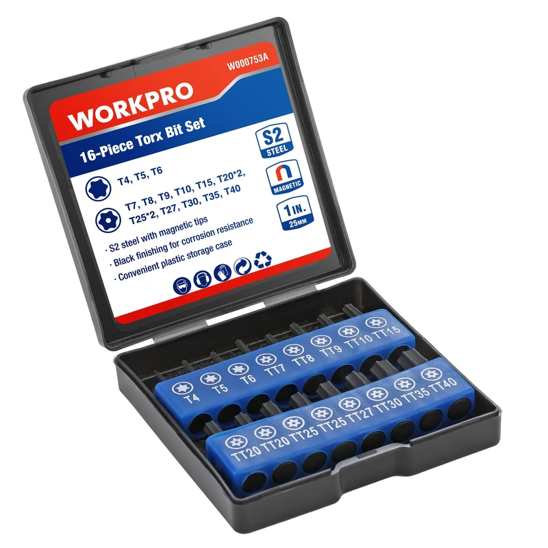 WORKPRO Security Torx Bit Set 16pcs, Tamper Proof S2 Steel Star Bit Set, 1/4-inch Hex Shank, Screwdriver bit with Magnetic Tips in Storage Box for DIY, Car Repairs