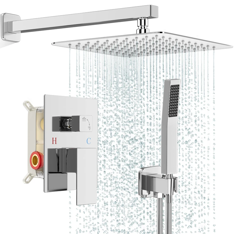 FPXRNG Square Bathroom Shower Faucet Set with Shower Head and Handle Wall Mounted Complete Repair Kit Metal 10 Inch Polished Chrome with Shower Valve