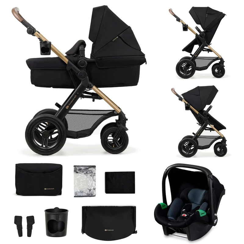 Kinderkraft MOOV2 Air Pushchair 3-in-1 Pushchair Set up to 22 kg with Child Seat I-Size 40-75 cm, Buggy Function, Adjustable Reclining Position, Large Extendable Hood, Inflatable Wheels, Black