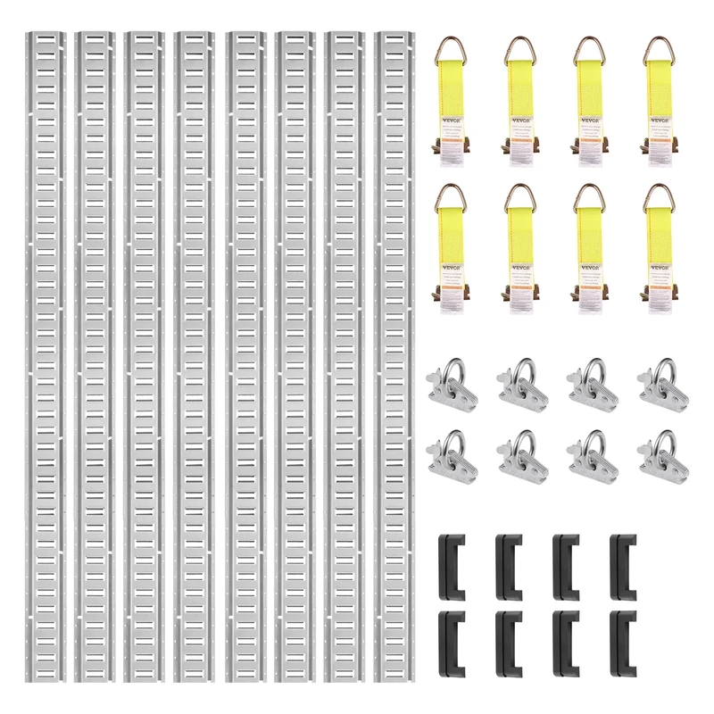 VEVOR E Track Tie-Down Rail Kit, 24PCS 5' E-Tracks Set Includes 8 Steel Rails & 8 O-Ring Anchors & 8 Tie-Offs with D-Ring, Versatile Securing Accessories for Cargo Motorcycles Bikes, 2000 lbs Load