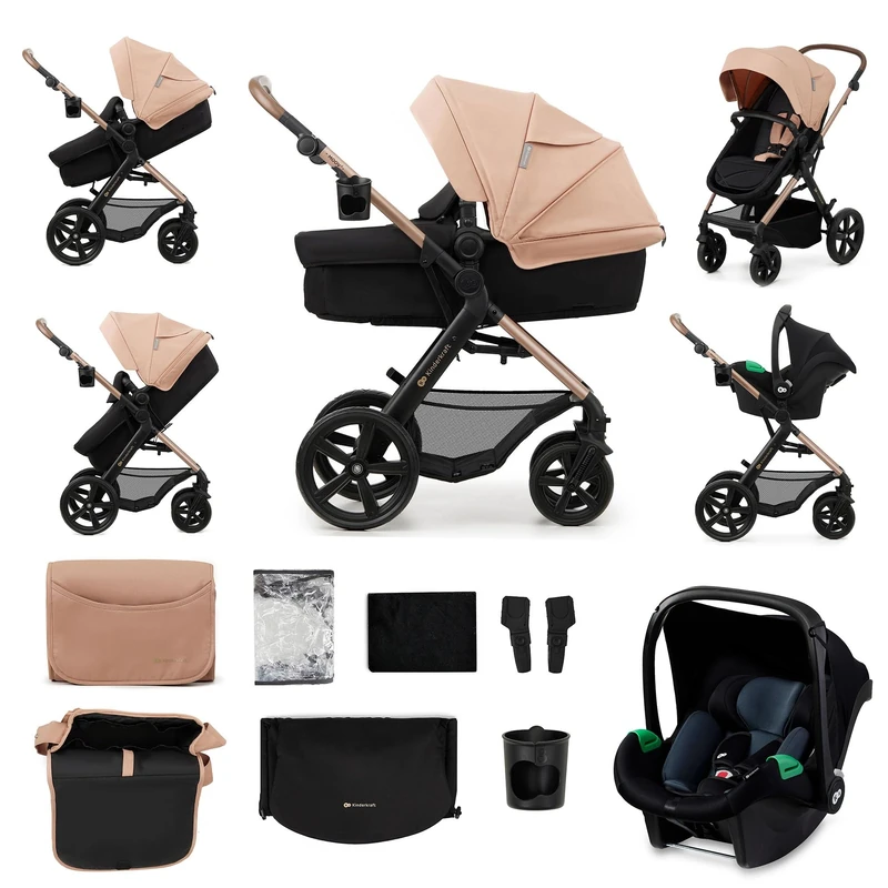 Kinderkraft MOOV 2 Pushchairs 3-in-1 Pushchair Set up to 22 kg with Child Seat I-Size 40-75 cm, Buggy Function, Adjustable Reclining Position, Large Extendable Hood, EVA Foam Wheels, Beige