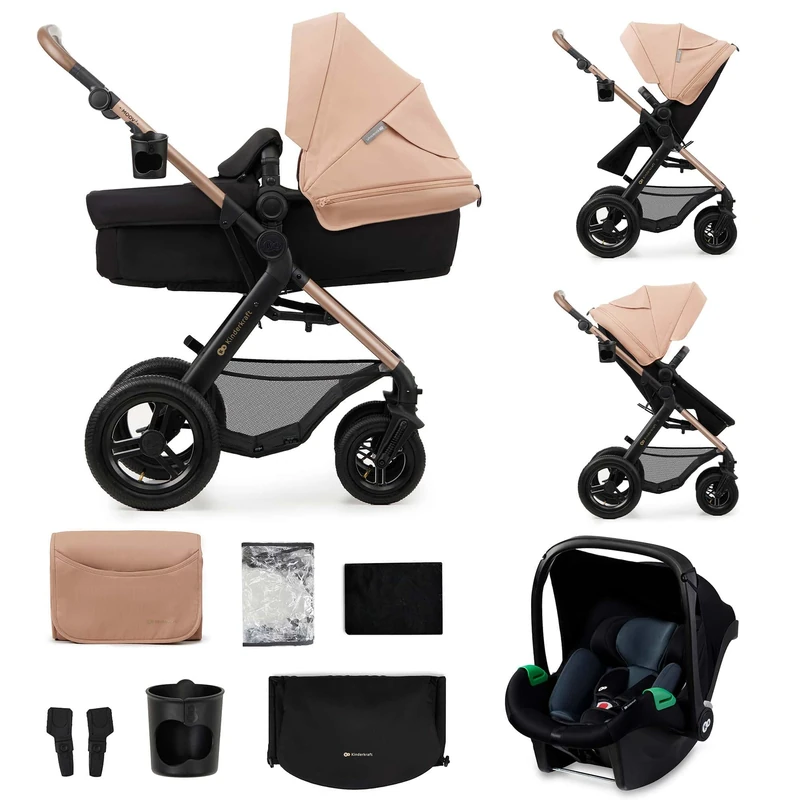 Kinderkraft MOOV2 Air Pushchair 3-in-1 Pushchair Set up to 22 kg with Child Seat I-Size 40-75 cm, Buggy Function, Adjustable Reclining Position, Large Extendable Hood, Inflatable Wheels, Beige