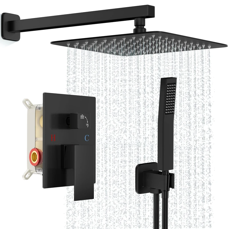 FPXRNG Black Shower Faucet Set, Rainfall Shower System with Square Shower Head and Handle Set, Wall Mounted Shower Fixtures, Full Metal Trim Repair Kit 10 inch Matte Black (with Shower Valve)