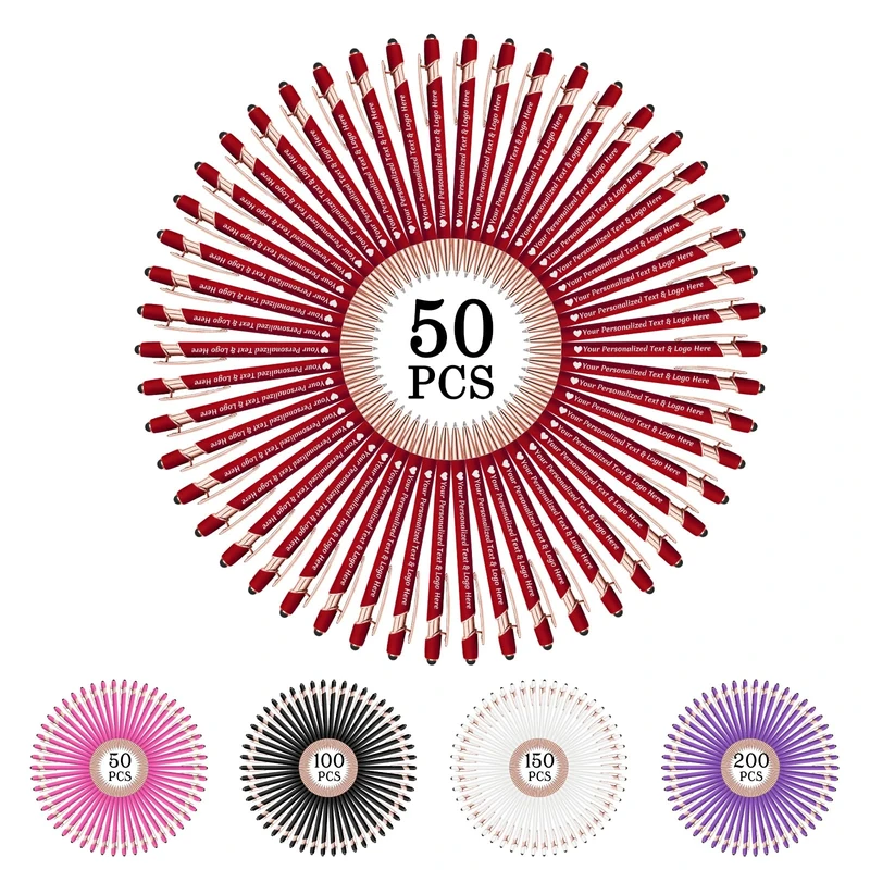 STREADVE 50 Personalised Pen Add Your Own Logo Name Pens Engraved Customised Ballpoint Pen Writing Stylus Pen Custom Valentine Business Gift Unique Present, Deep Red