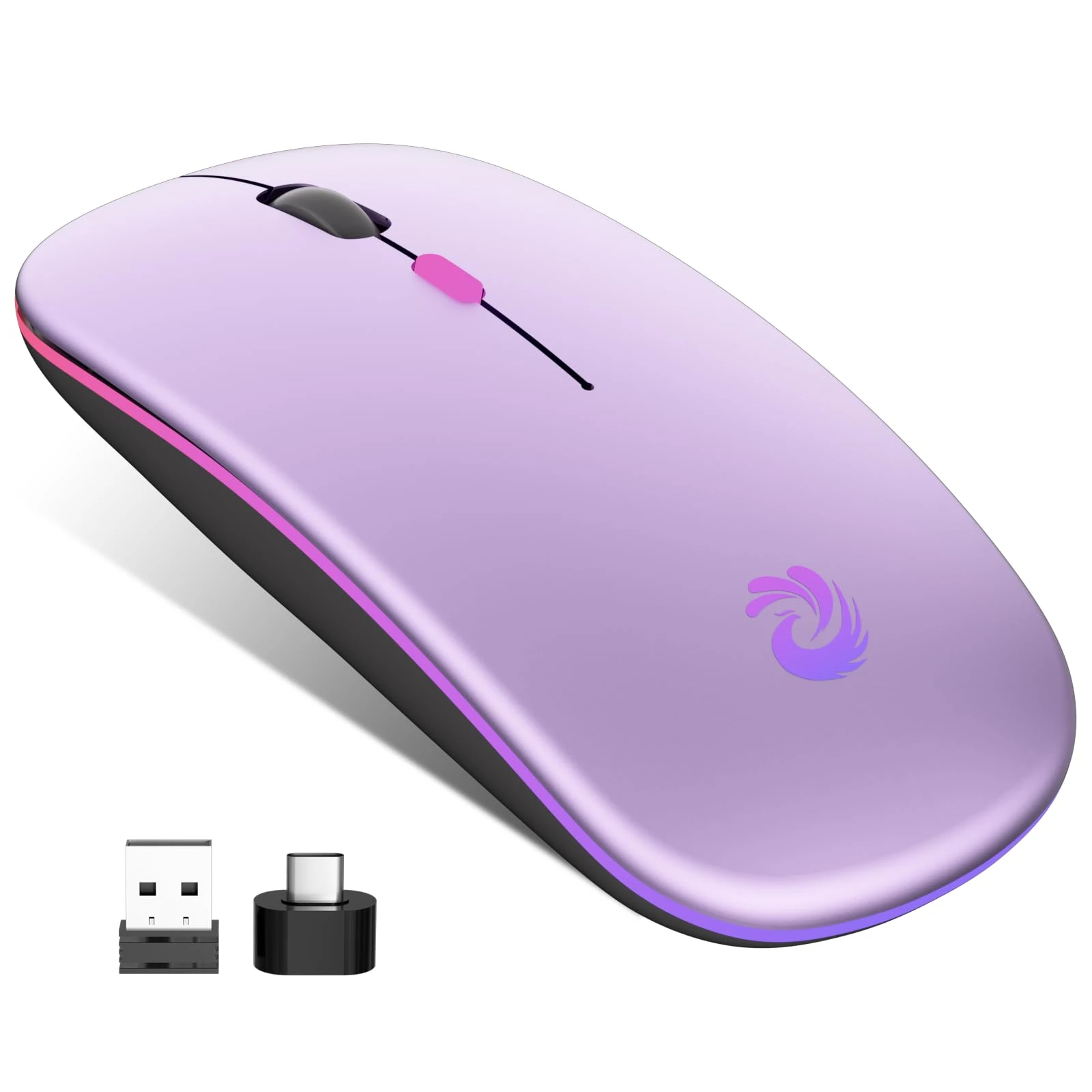 BQSS Wireless Mouse, LED Slim Silent Mice, 2.4G Portable Office Optical Mouse with USB Receiver & Type-C Adapter, 3 Adjustable DPI for Laptop, Computer, PC, Notebook, Desktop (Black)