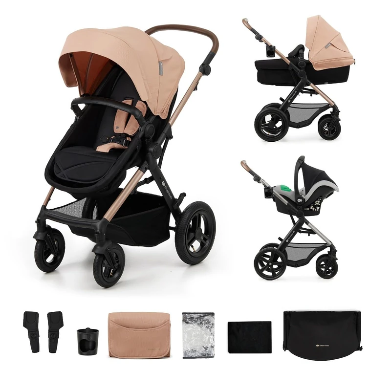 Kinderkraft MOOV2 Air Pushchair 3-in-1 Pushchair Set up to 22 kg with Child Seat I-Size 40-75 cm, Buggy Function, Adjustable Reclining Position, Large Extendable Hood, Inflatable Wheels, Grey