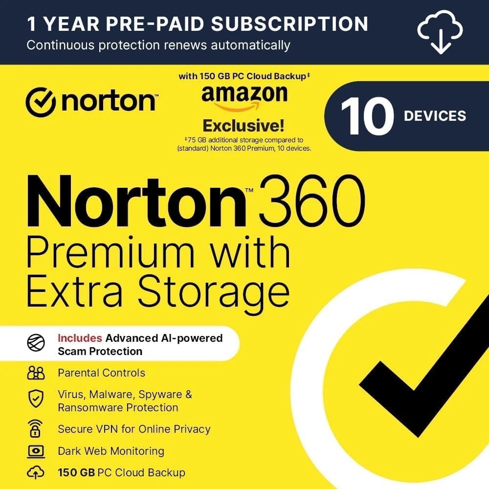 Norton 360 Premium with Extra Storage, 75 GB Extra Cloud Backup, Antivirus Software for 10 Devices and 1-year Subscription with Automatic Renewal