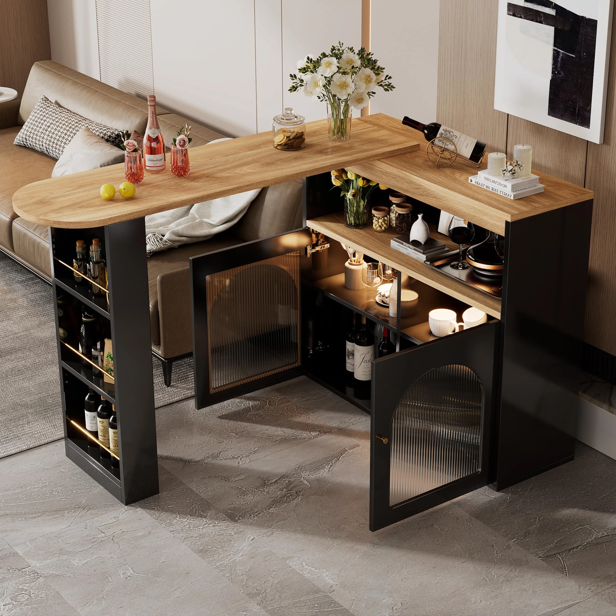 ModernLuxe Kitchen Island with Extendable Swivel Dining Table, Kitchen Storage with Wine Rack, Cabinet and Open Shelves, 1m Adjustable Colour LED Strip, Bar Bistro Table, Black, 138-193X39X105cm