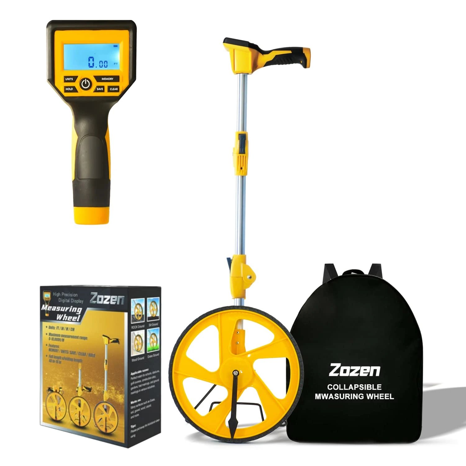 Zozen Measuring Wheel Digital Display, Foldable Feet/Meter Digital Measuring Wheel, Measure Wheel with Backlit Display - Up to 99,999Ft/ 99,999M - Easy to Carrying With cloth backpack.