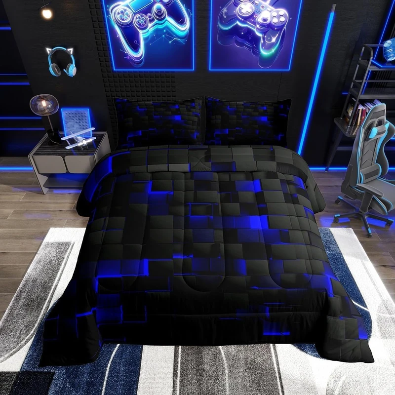 Erosebridal Black Navy Royal Blue Comforter Set Queen Neon Geometric Checkered Bedding Set for Teen Boys Gamer Room Decor,Abstract Stereoscopic Grids Quilt Square Plaid Check Bed Set 3 Pcs