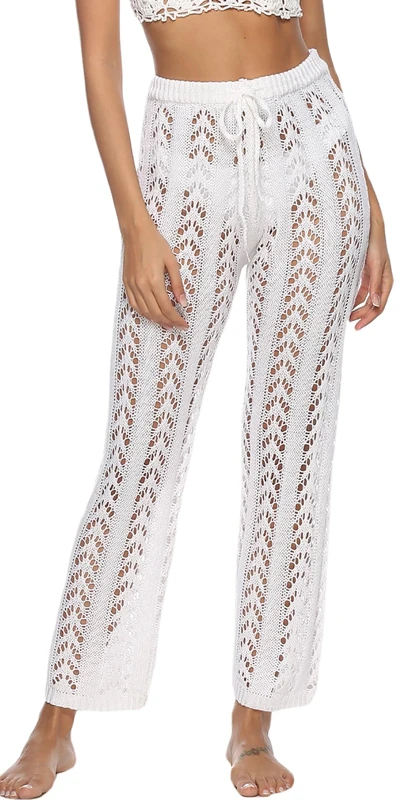 FEOYA Women Beach Trousers Crochet Cover Up Pants Adult Beachwear Hollow Out Bikini Bathing Trousers Swimwear White XL - Image 1