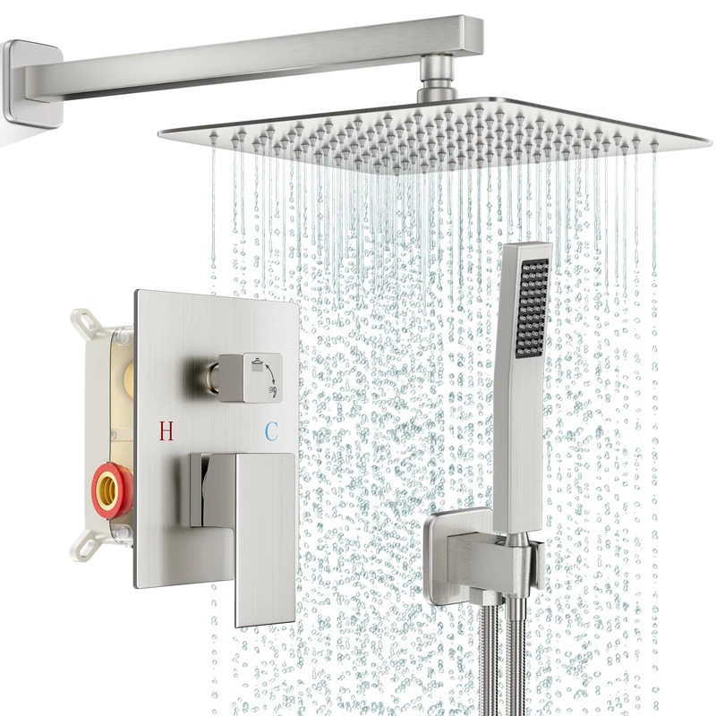FPXRNG Shower Faucet Set Bathroom Square Rain Shower Head and Handle Set Wall Mounted Full Metal Trim Repair Kit 12" Brushed Nickel (with Shower Valve)
