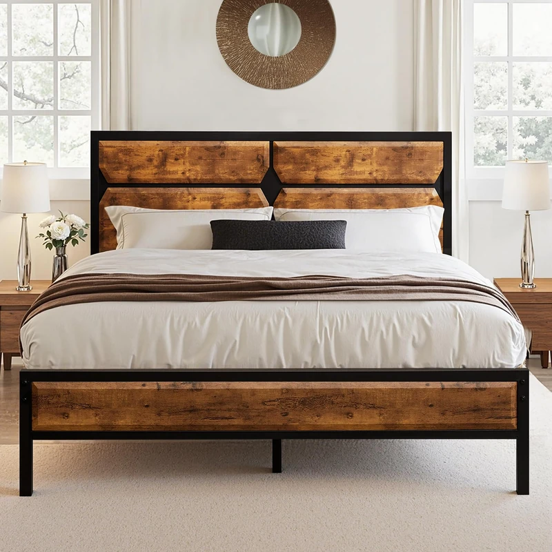 VECELO 4ft6 Bed Frame Double Bed with Wood Headboard, 135×190cm Double Bed Frame, 32cm Underbed storage, Sturdy Metal Slats Support, No Box Spring Needed, Easy Assemble - Image 1