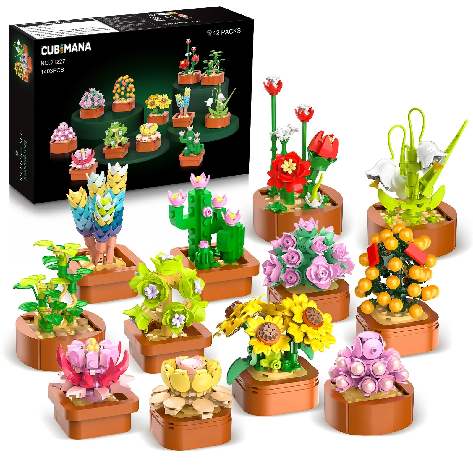 12 Pack Flowers Succulents 3.6MM Mini Building Set - 1403PCS Flower Botanical Collection for Home Décor Plant Building Blocks Toy, Party Favors Gifts for Easter Birthday Adults Women Kids 10+
