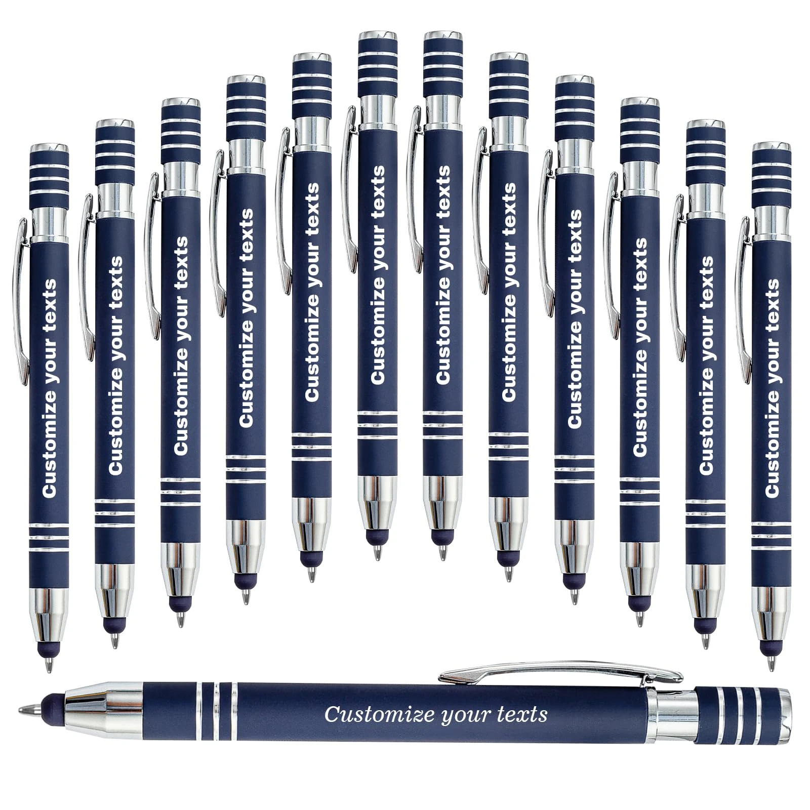 LINMQIU Personalized Dark Blue Ballpoint Pen with Stylus - Black Ink Custom Metal Engraved Name Pen - with Message, Custom Ballpoint Pens for Business Office School Teacher Student - 500PC
