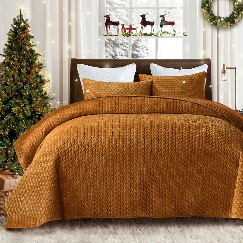 Grassix Velvet Quilt Set King Size - Luxury Cozy Velvet Quilt Bedding Set, Lightweight Velvet Comforter for All Season, Cross Stitch Coverlet Bedspreads with 2 Shams, Gold Caramel