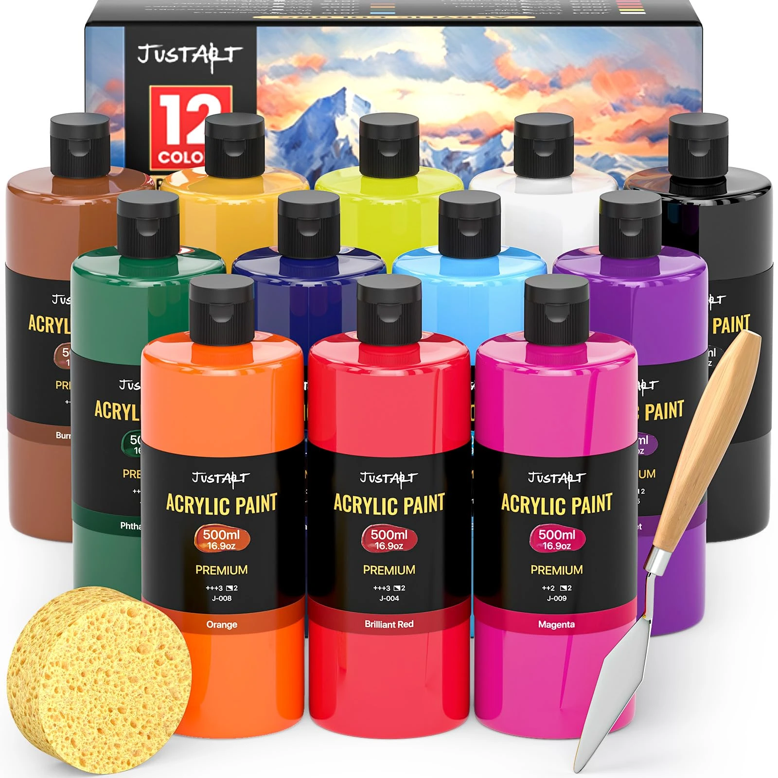 JusArt 12 Colors Acrylic Paint Bottle Set (500ml), Large Bottles Acrylic Paint Kit, Rich Pigmented Bulk Painting Supplies for Artists, Beginners on Rocks Canvas Crafts Wood Ceramic Fabric