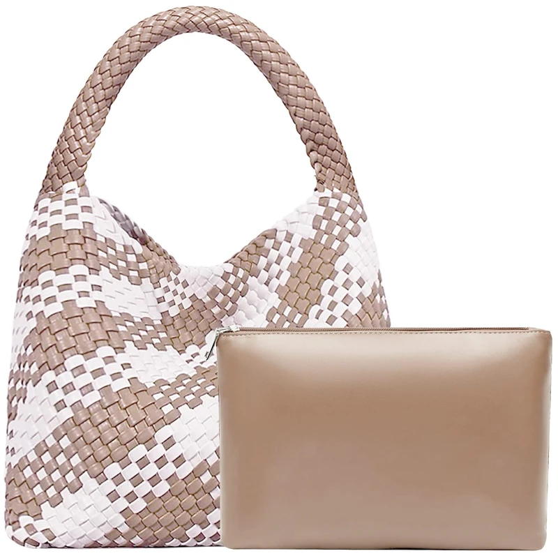 JINMANXUE Women Vegan Leather Hand-Woven Tote Handbag Fashion Shoulder Top-handle Bag All-Match Underarm Bag with Purse, Apricot&white